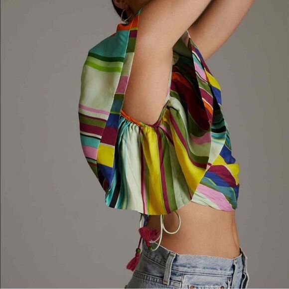 Anthro Hope for Flowers one-shoulder Rainbow Crop Blouse Flutter Sleeve Smock M - Picture 2 of 8